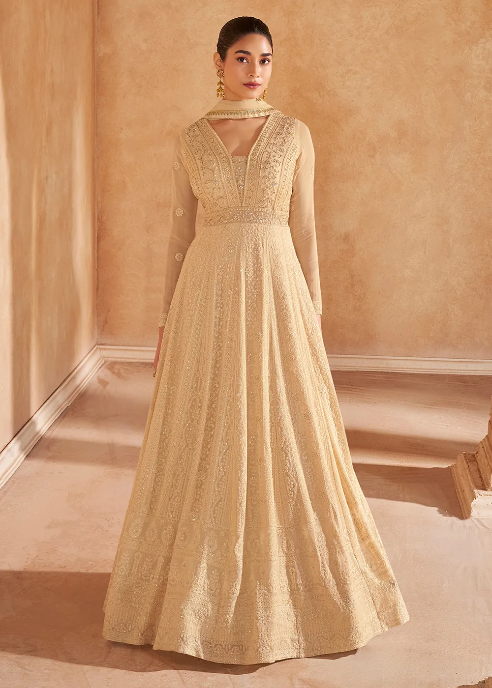 Gold Beige Chikankari Embroidered Wedding Anarkali Gown