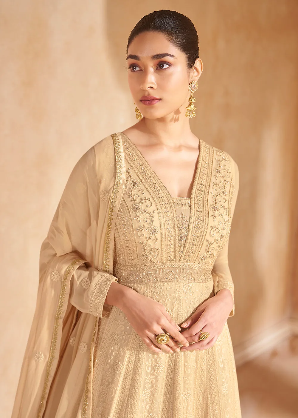 Gold Beige Chikankari Embroidered Wedding Anarkali Gown