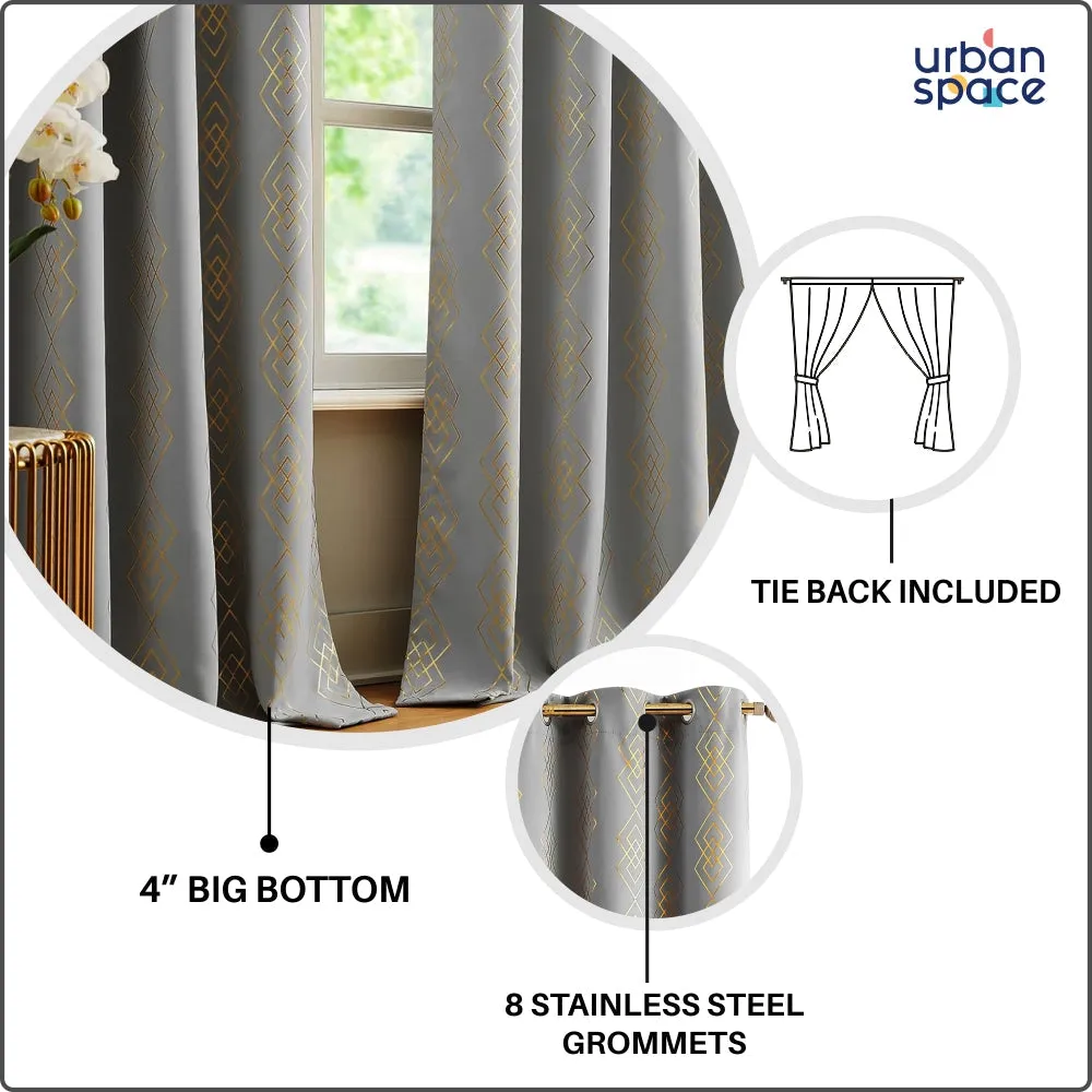 Gold Foil Printed 80-85% Blackout Curtains - Pack of 1 - Diamond- Grey