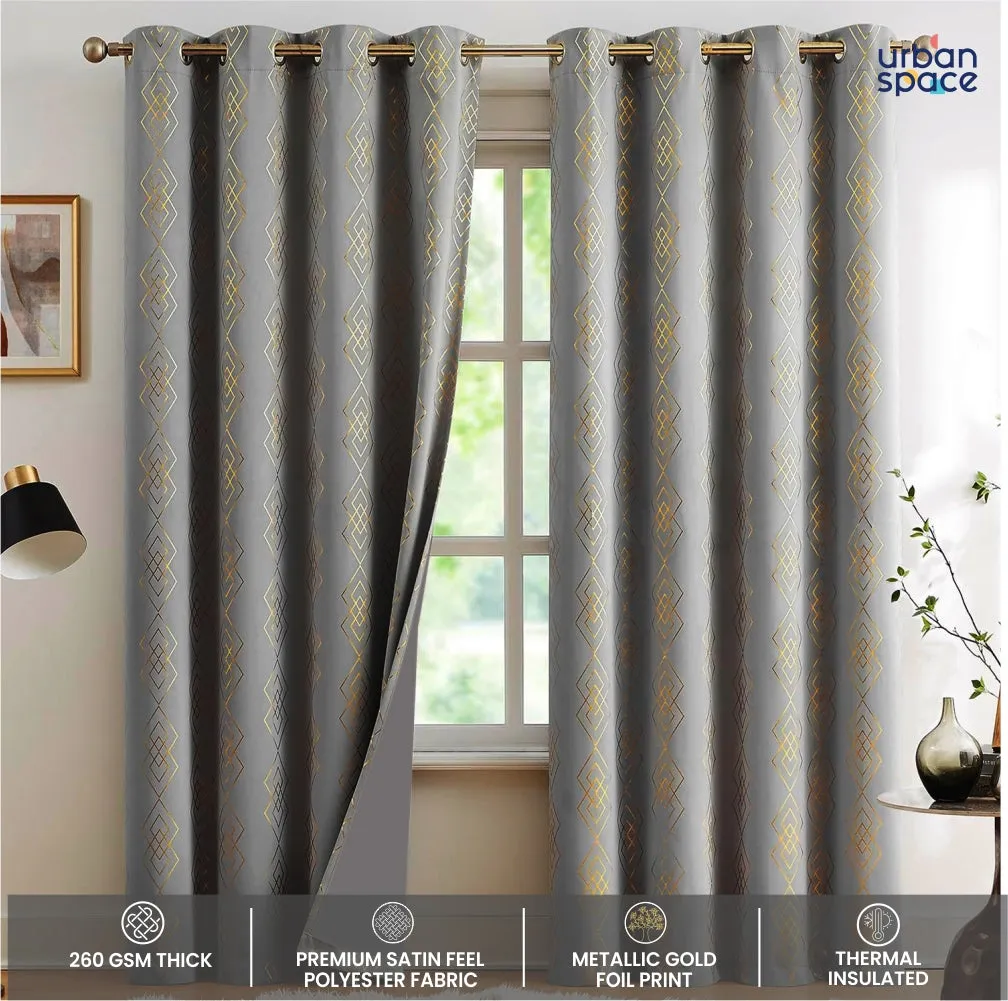 Gold Foil Printed 80-85% Blackout Curtains - Pack of 1 - Diamond- Grey