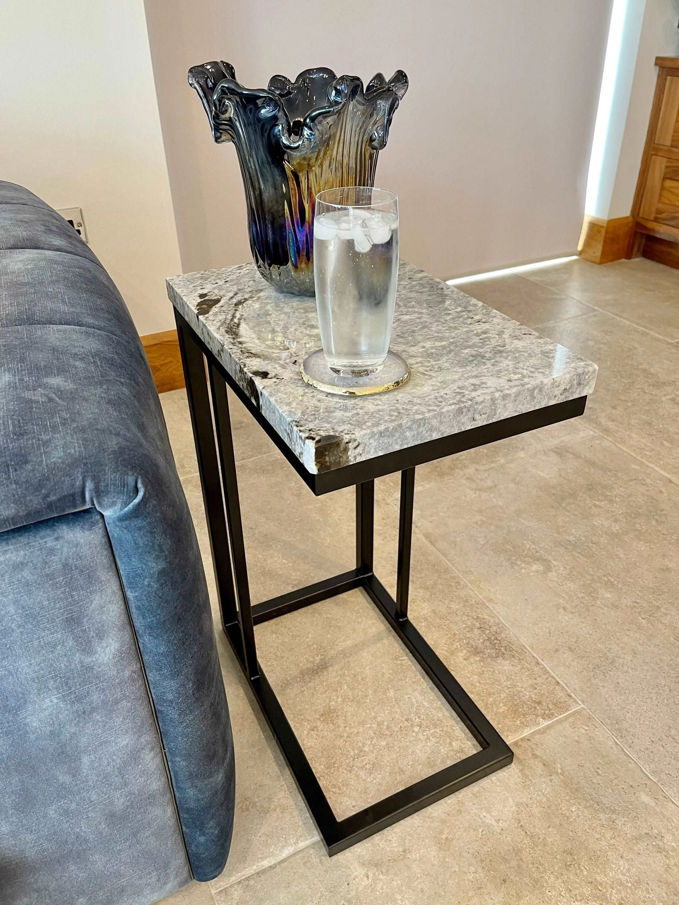 Granite Side Sofa End Table Matte Black Frame