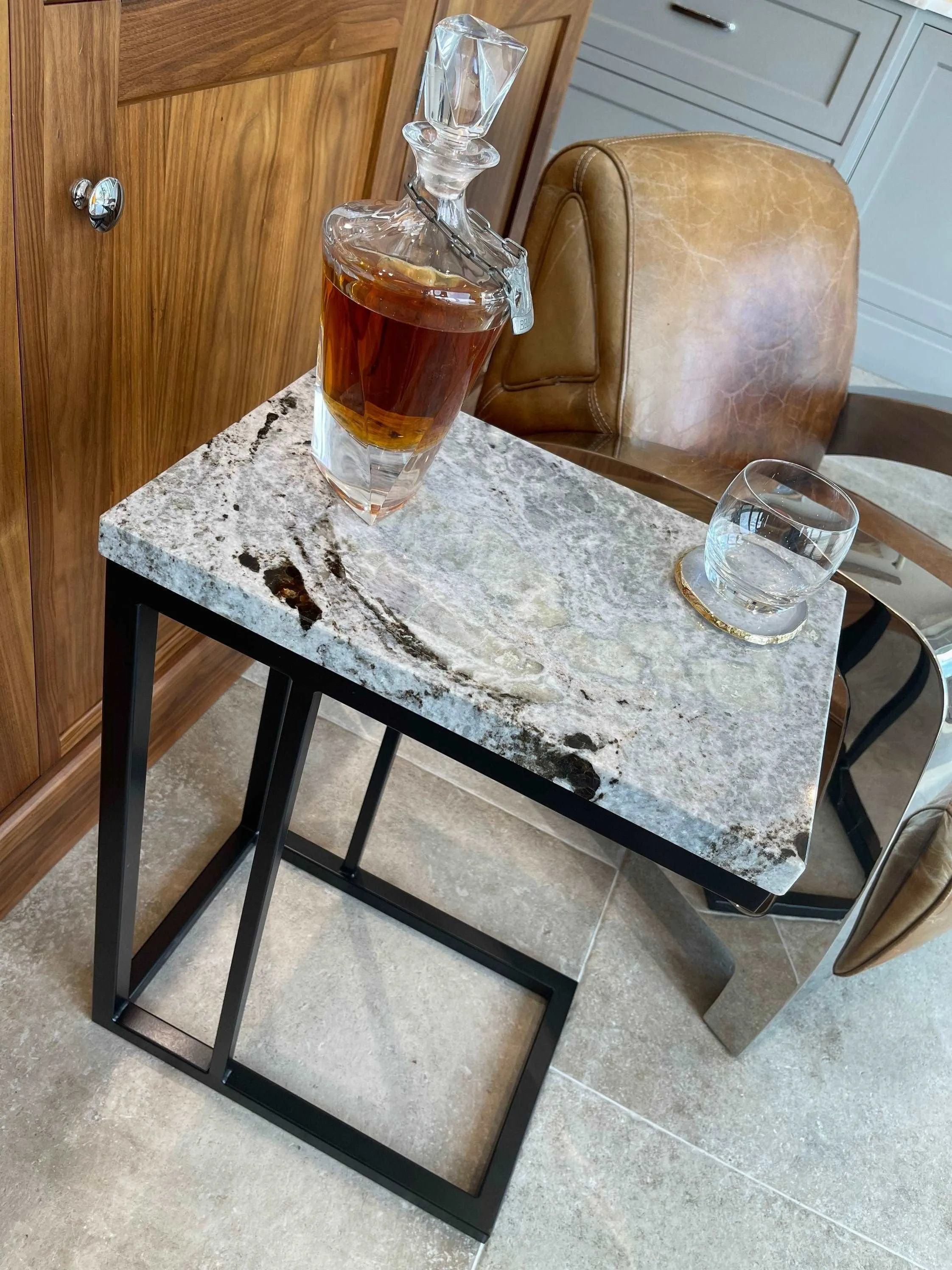 Granite Side Sofa End Table Matte Black Frame