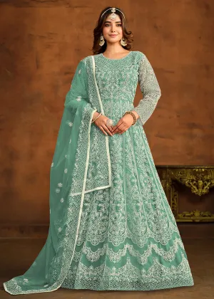 Green All Over Embroidered Net Wedding Anarkali Suit