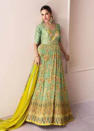 Green & Yellow Chinnon Silk Printed & Embroidered Anarkali Dress