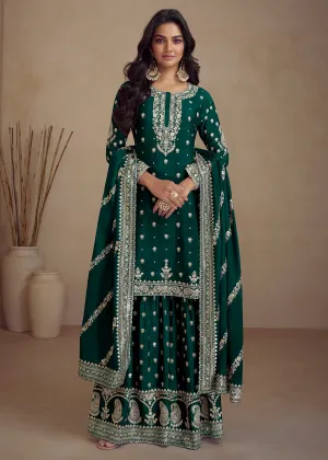 Green Embroidered Real Chinnon Designer Palazzo Suit