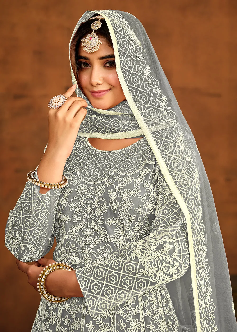 Grey All Over Embroidered Net Wedding Anarkali Suit