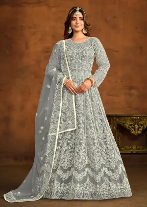 Grey All Over Embroidered Net Wedding Anarkali Suit