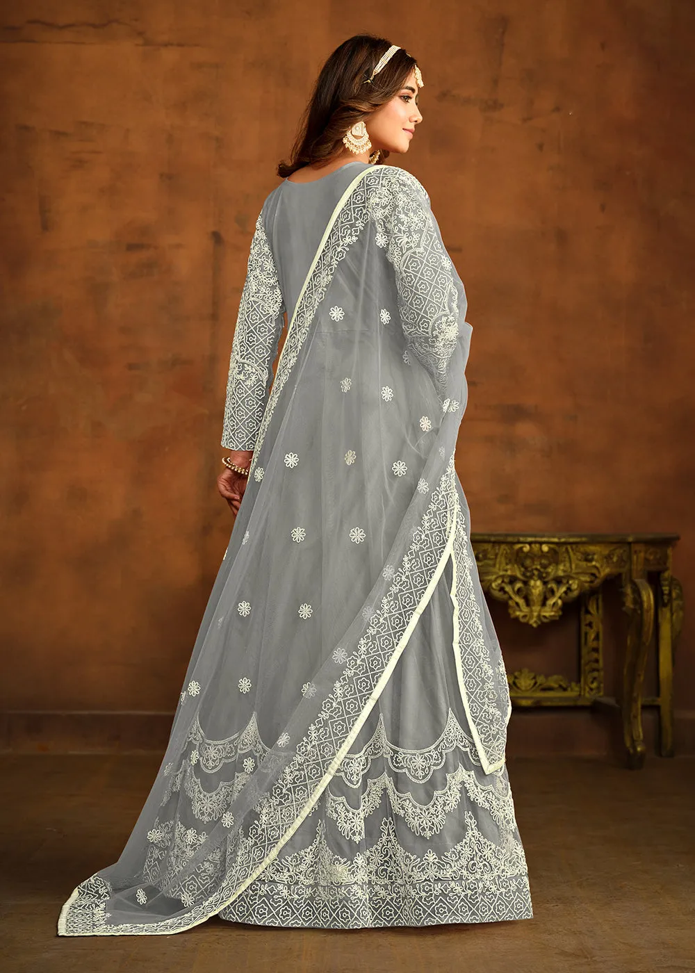 Grey All Over Embroidered Net Wedding Anarkali Suit