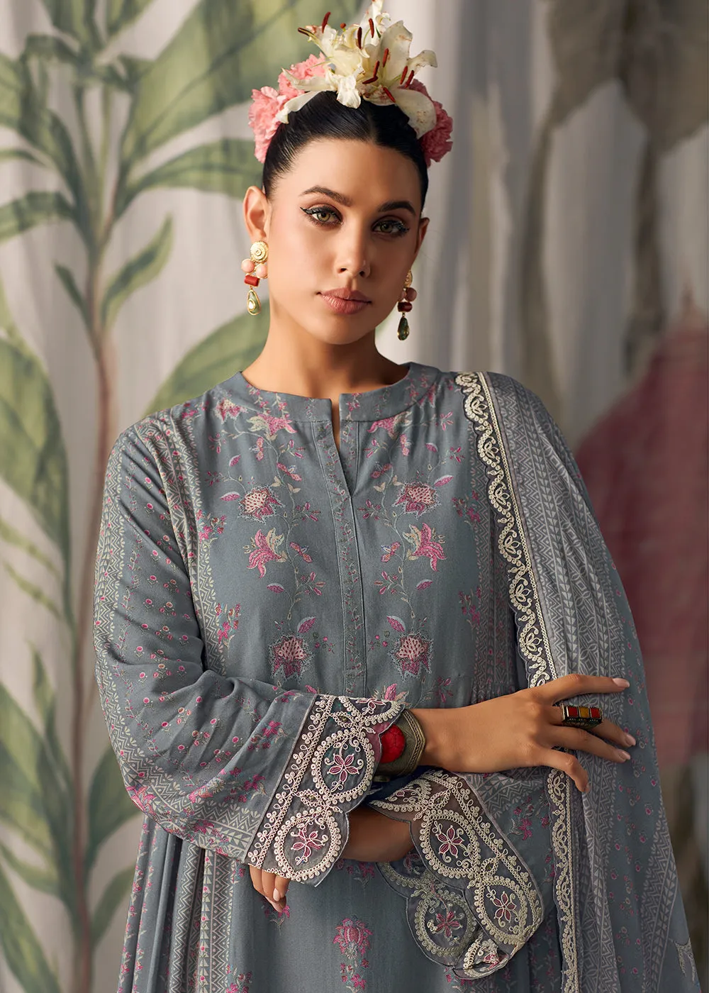 Greyish Blue Pure Maslin Cotton Digital Printed Salwar Suit