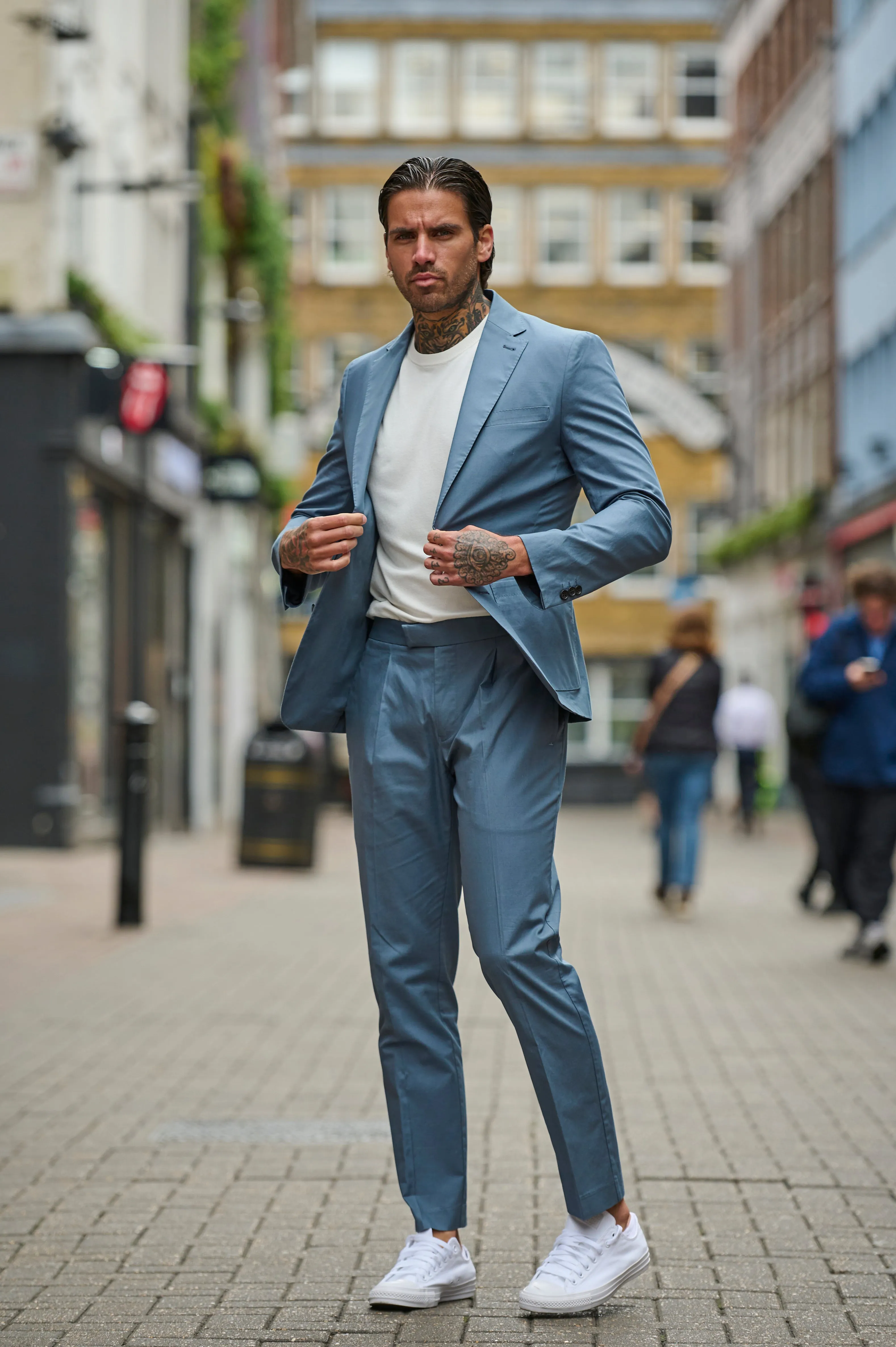 Harry Slim Fit Paper Touch Cotton Single Breasted Suit Blazer in Mid Blue