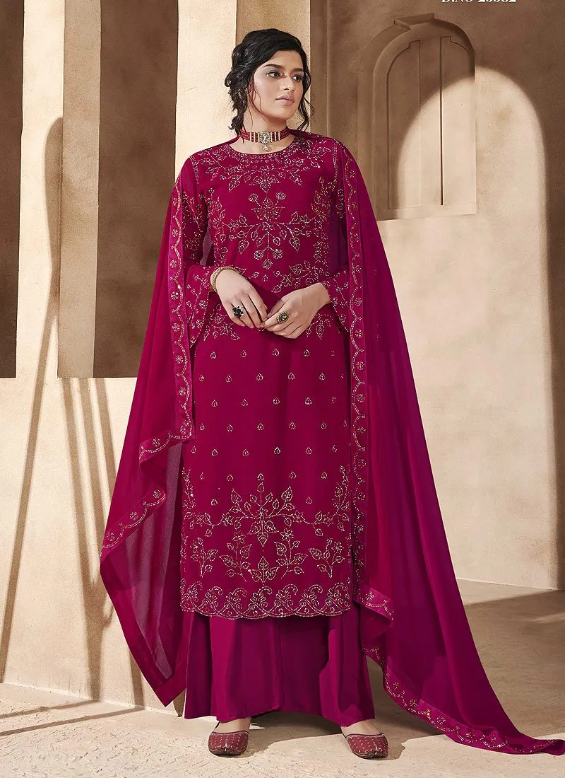 Hot Magenta Swarovski Embroidered Palazzo Suit