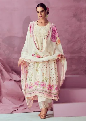 Ivory & Pink Muslin Cotton Printed Trendy Salwar Kurta Set