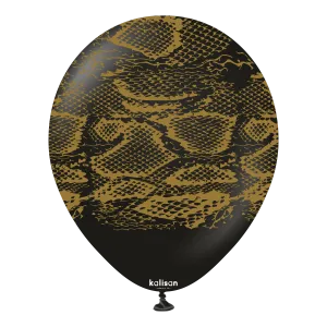 Kalisan 12" Snake Printed Standard Black (Gold) Latex Balloon, 25 pieces