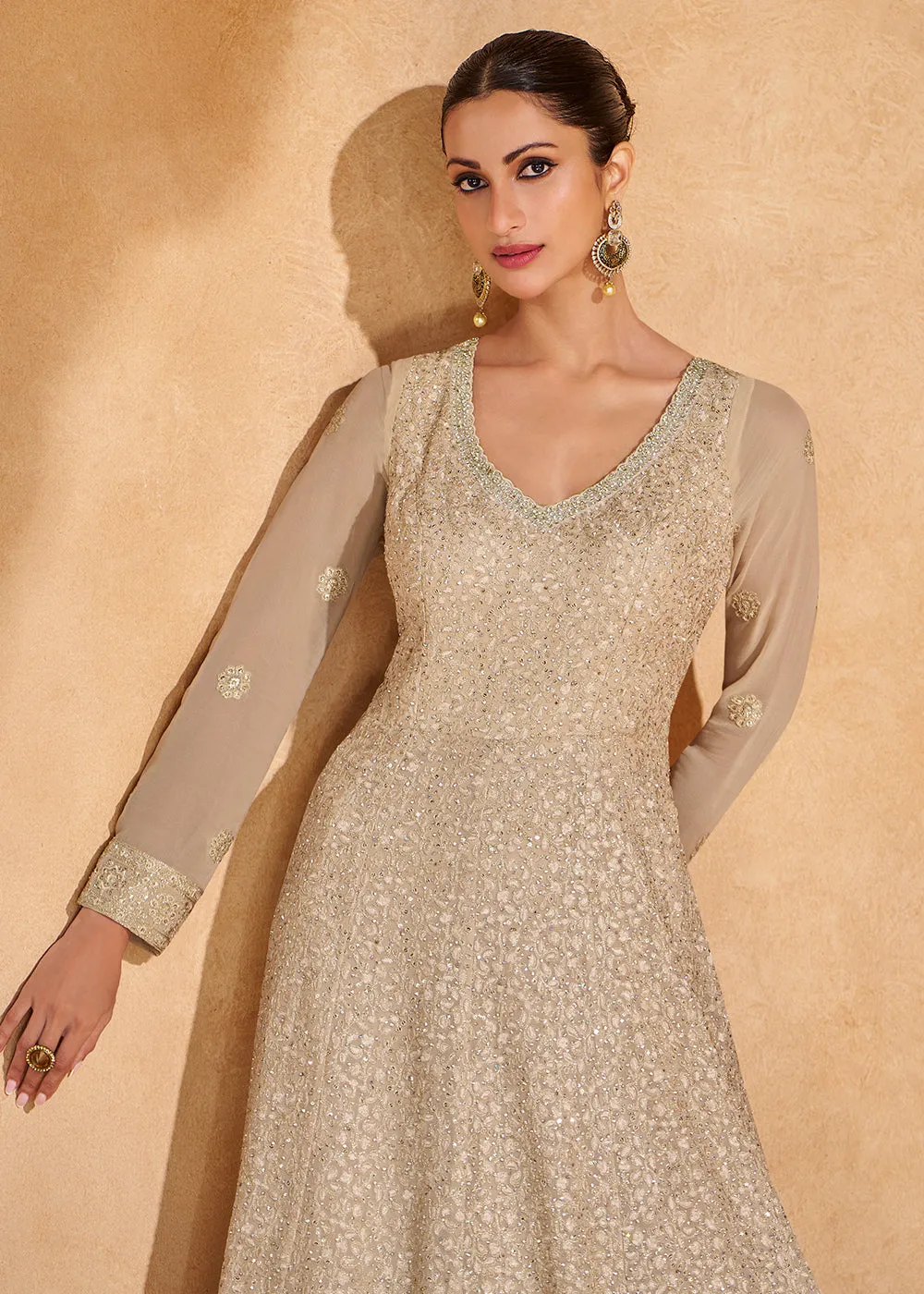 Light Beige Chikankari Embroidered Wedding Anarkali Gown