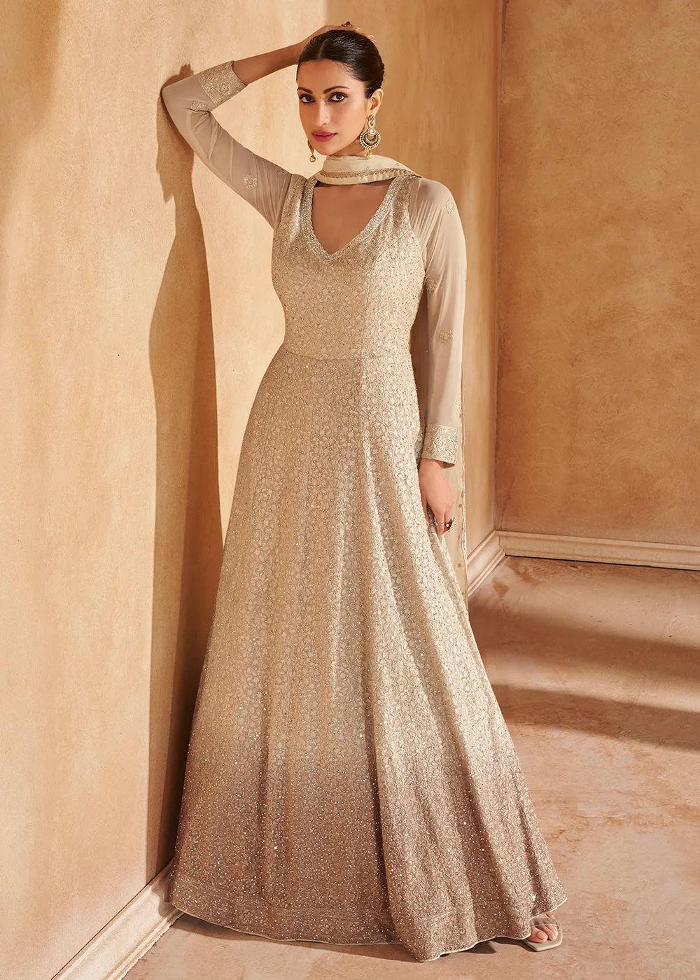 Light Beige Chikankari Embroidered Wedding Anarkali Gown