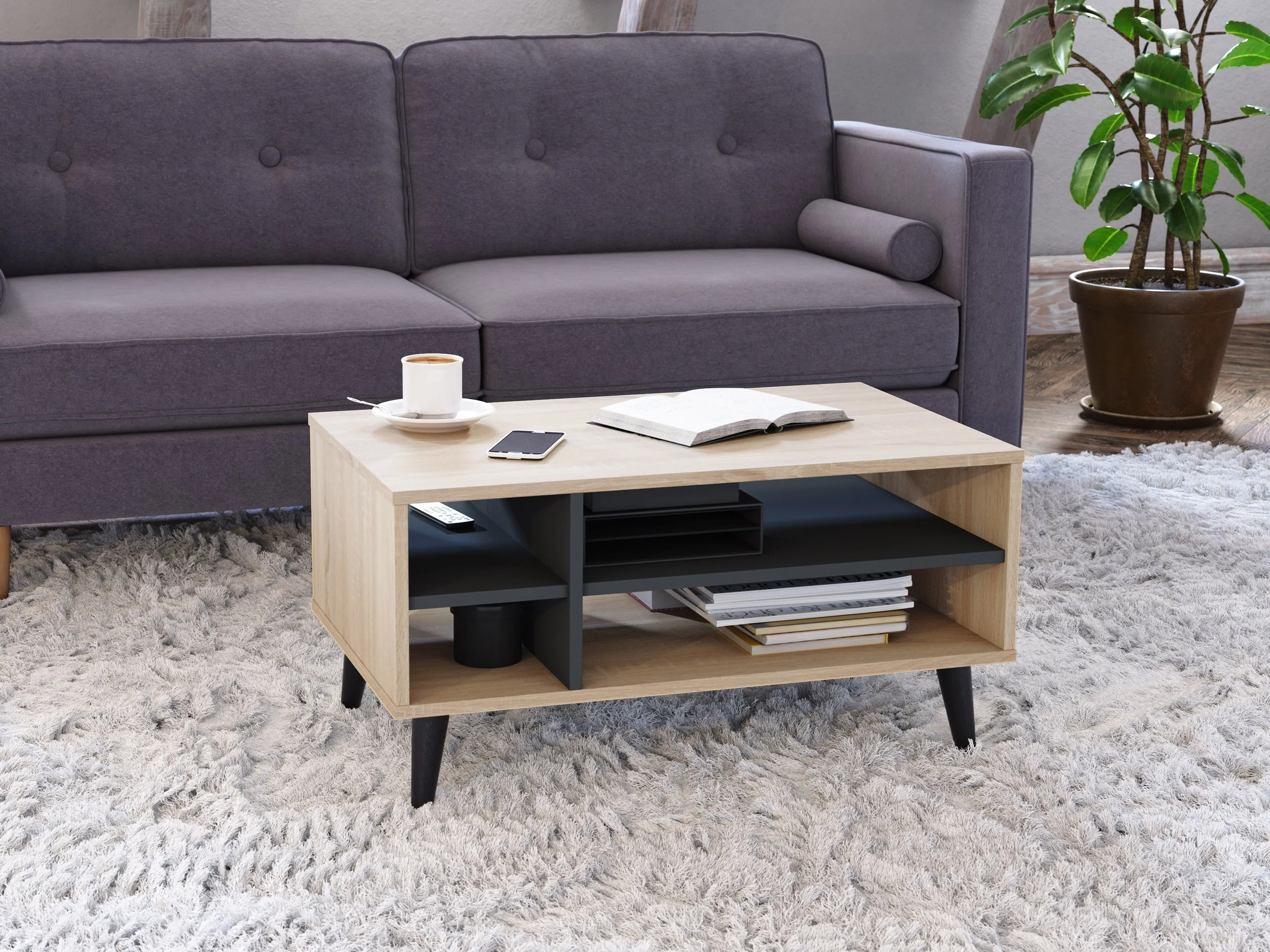 Light Wood Rectangle Coffee Table with Storage