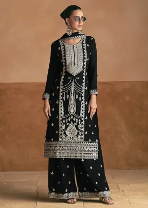 Lucknowi Style Embroidered Silk Black Palazzo Suit