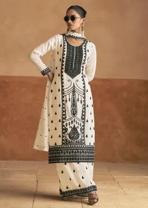 Lucknowi Style Embroidered White Silk Palazzo Suit