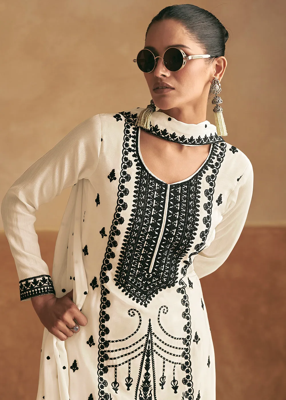 Lucknowi Style Embroidered White Silk Palazzo Suit