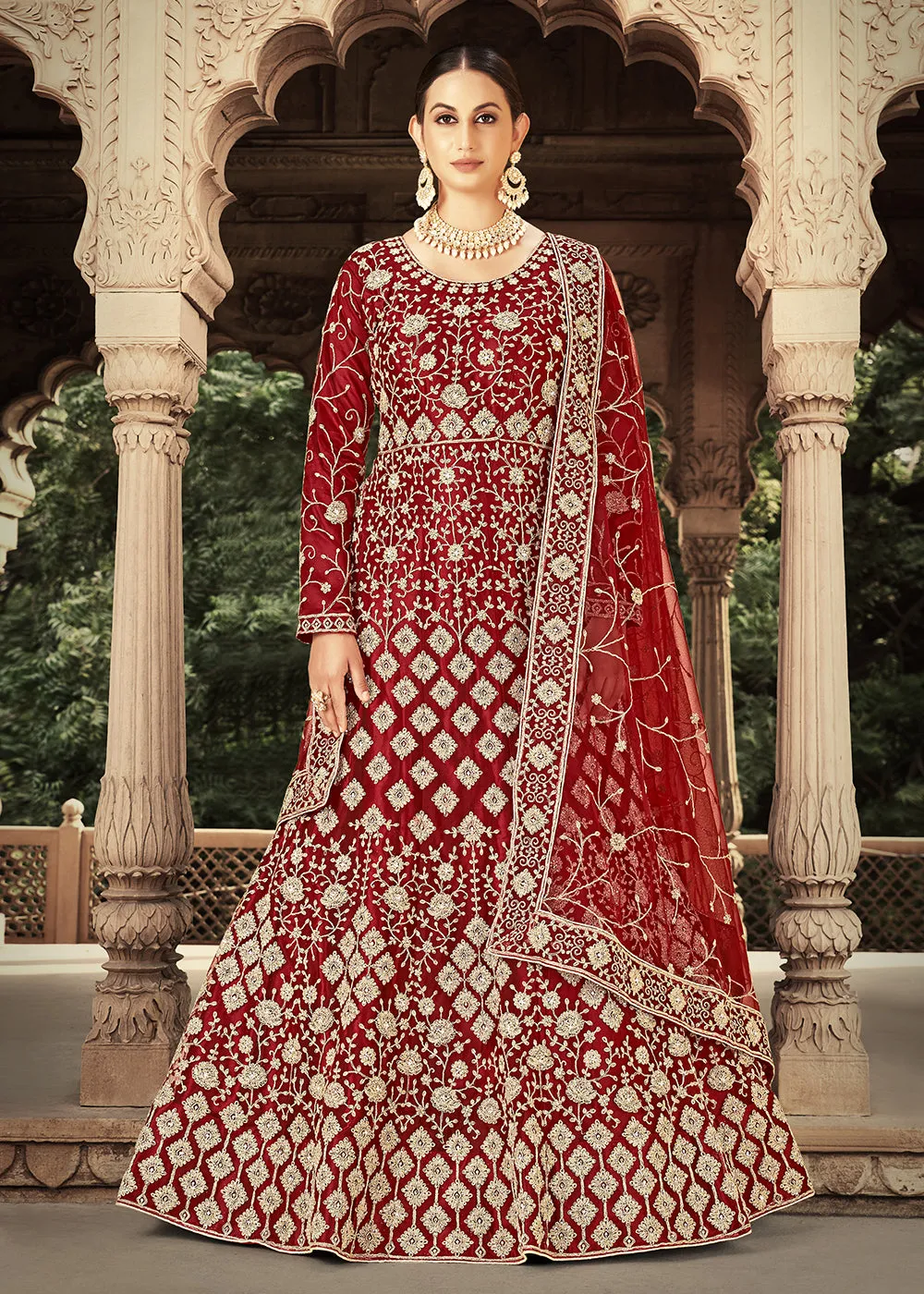 Maroon Zarkan Diamond Embroidered Bridal Anarkali Suit