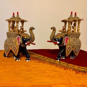 Meenakari Decorative Metallic Ambari Elephant (Set of 2) - Animal Decor