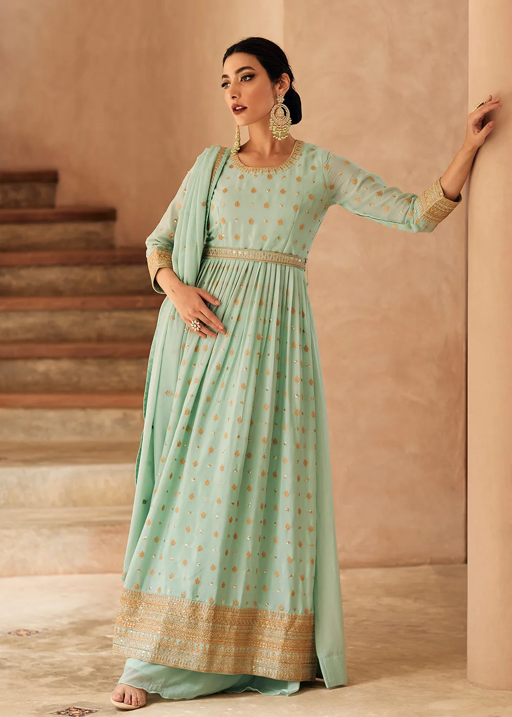 Mint Green Anarkali Style Embroidered Palazzo Style Suit