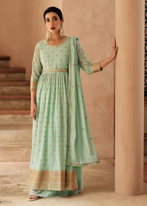 Mint Green Anarkali Style Embroidered Palazzo Style Suit