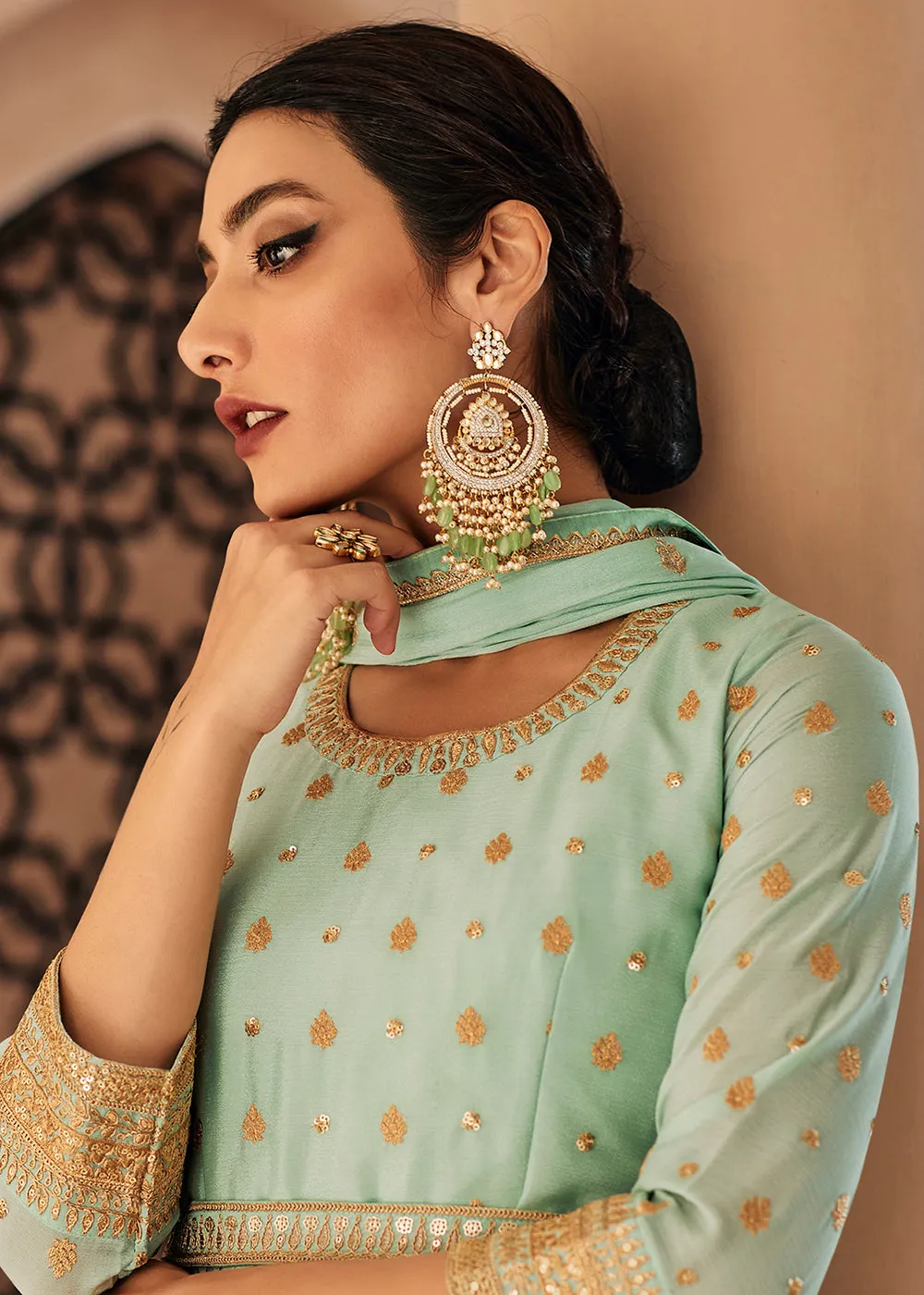 Mint Green Anarkali Style Embroidered Palazzo Style Suit