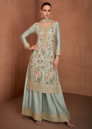 Mint Green Floral Embroidered Designer Palazzo Suit