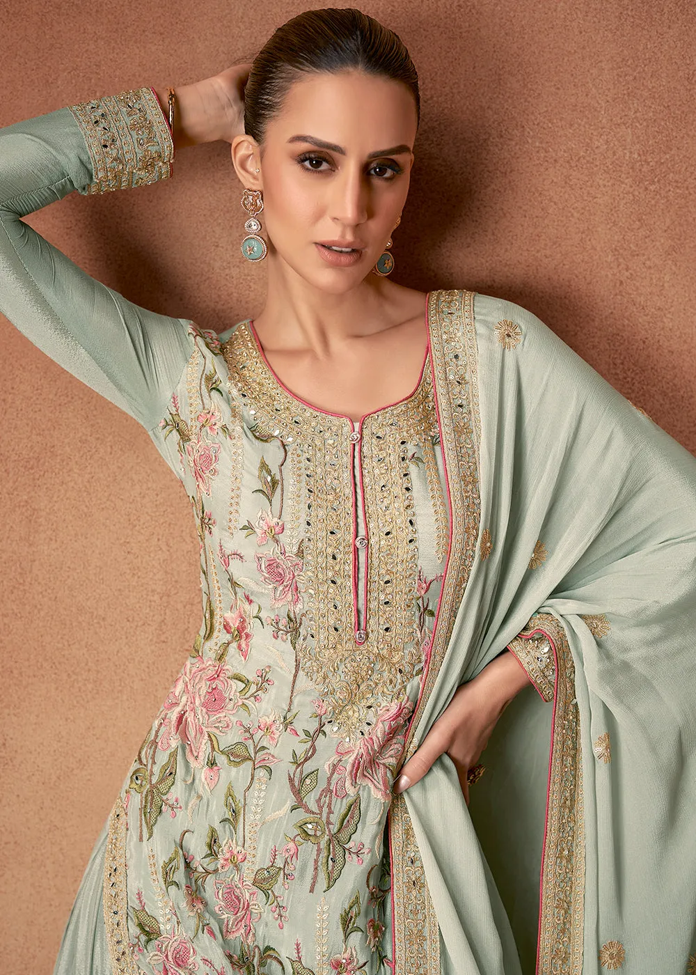 Mint Green Floral Embroidered Designer Palazzo Suit