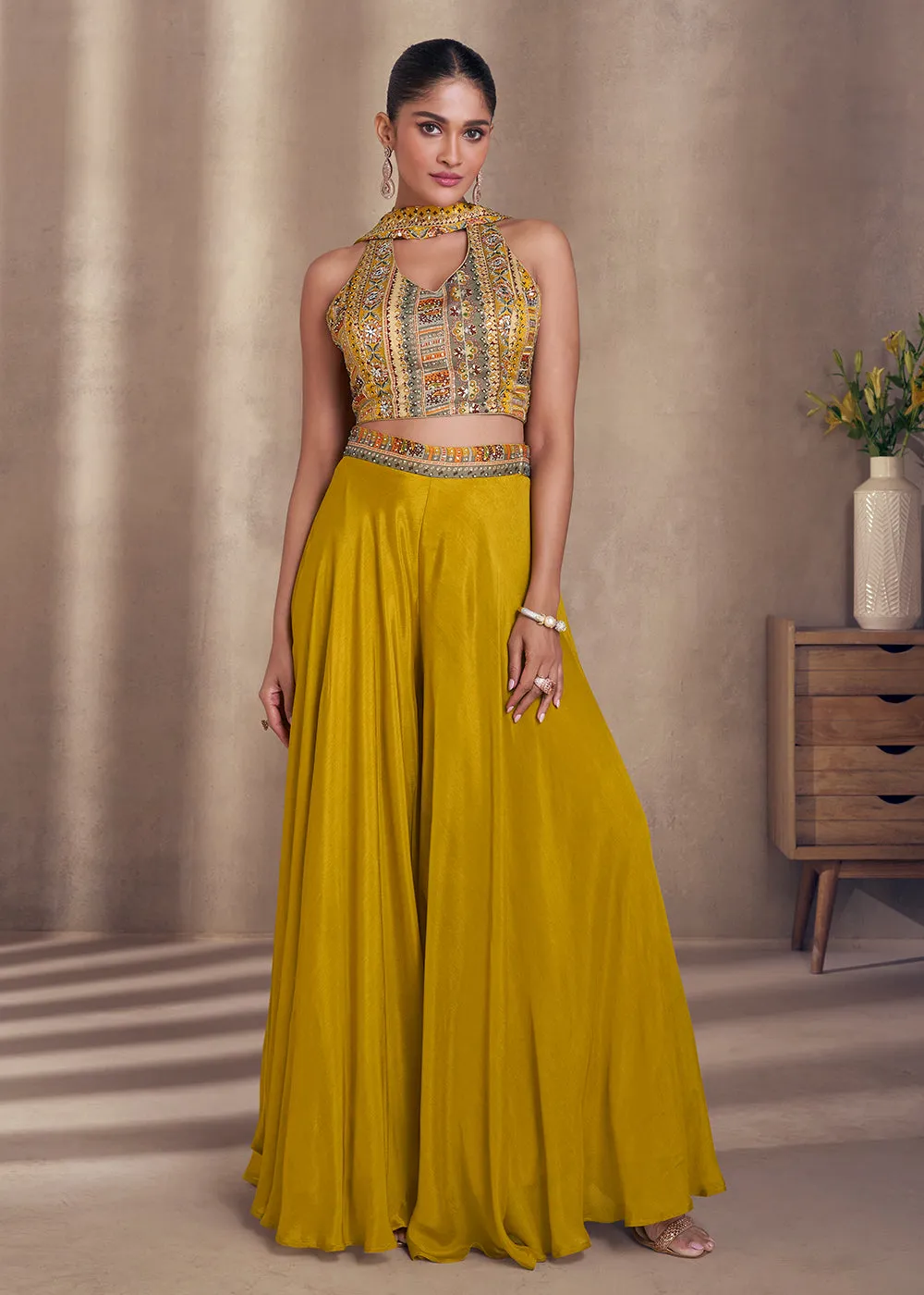 Mustard Real Chinnon Indo Western Palazzo Suit