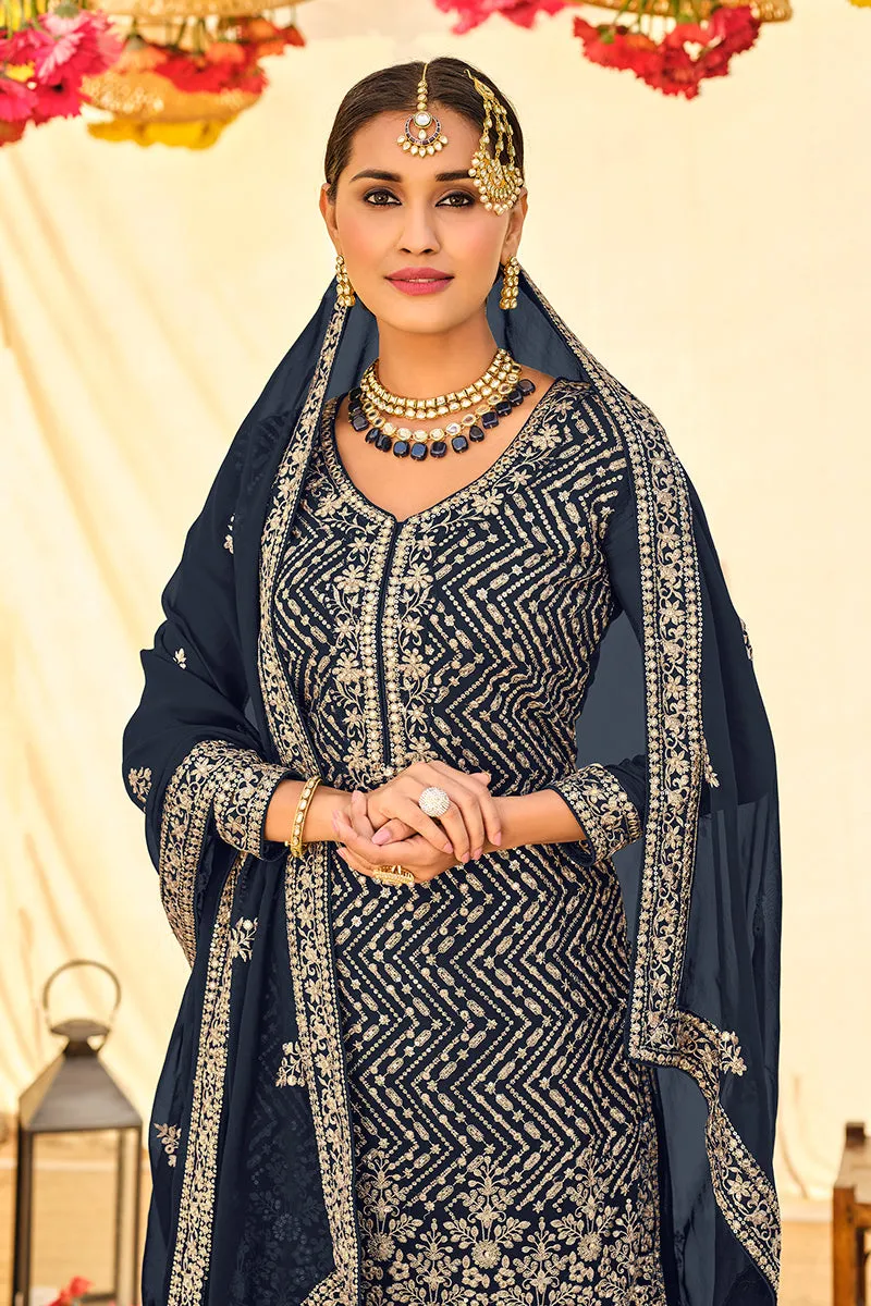 Navy Blue All Over Embroidered Palazzo Style Suit