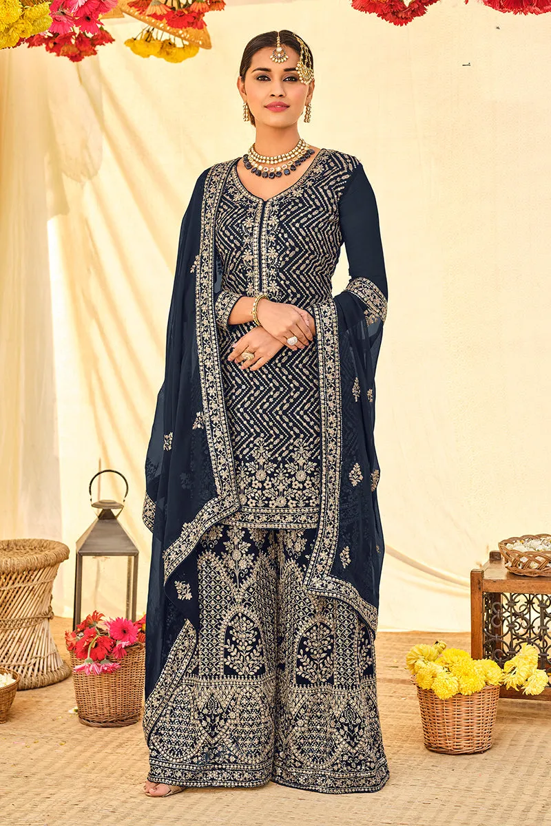 Navy Blue All Over Embroidered Palazzo Style Suit