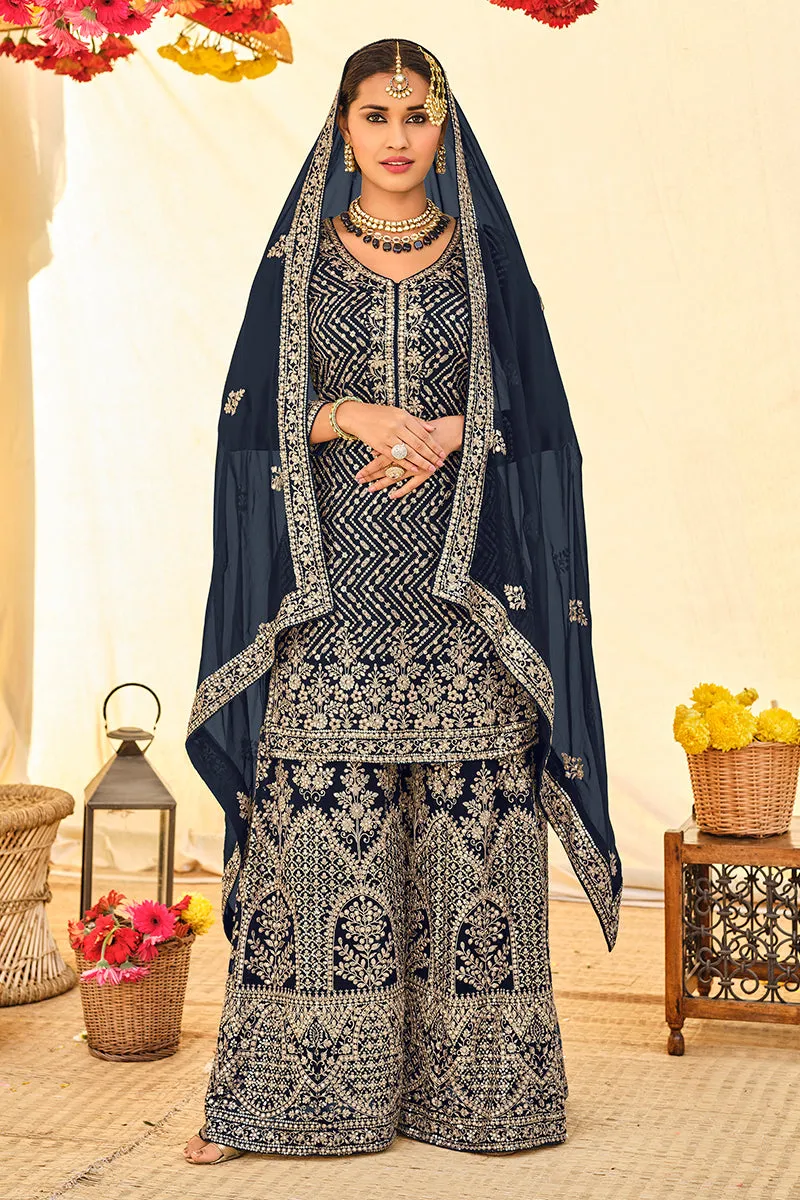 Navy Blue All Over Embroidered Palazzo Style Suit