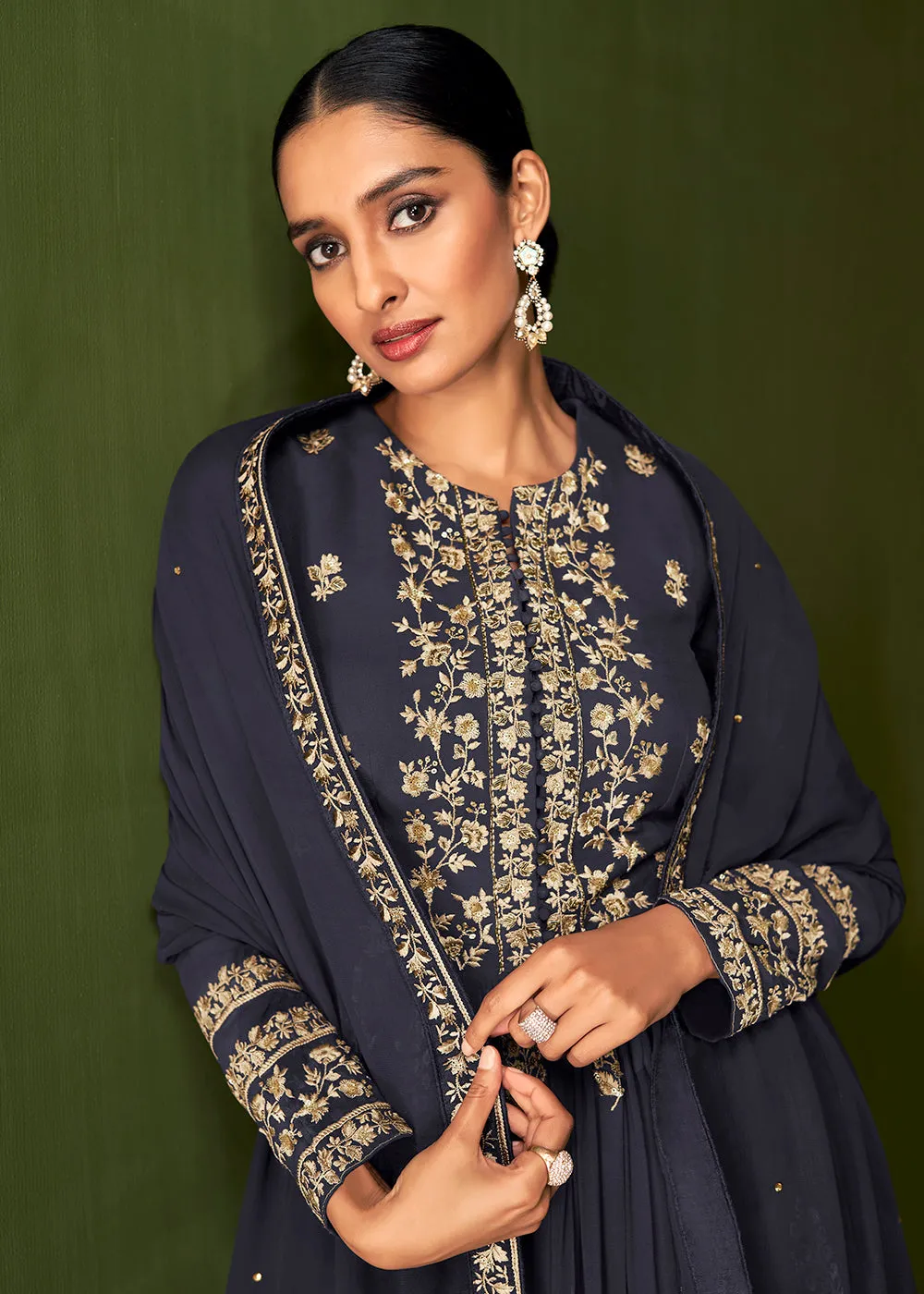 Navy Blue Anarkali Style Designer Palazzo Salwar Suit