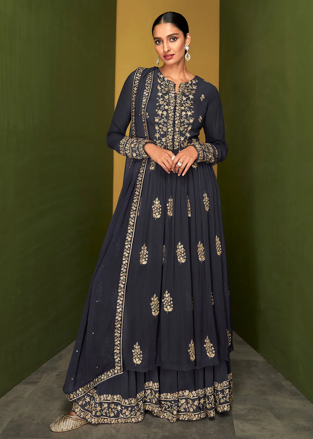 Navy Blue Anarkali Style Designer Palazzo Salwar Suit