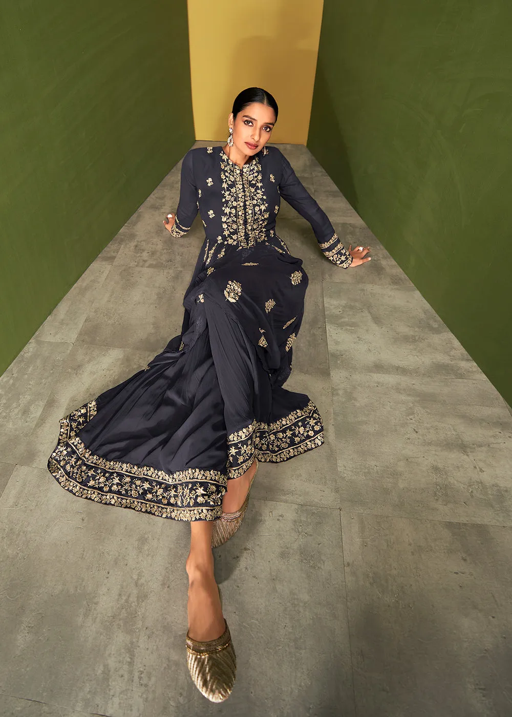 Navy Blue Anarkali Style Designer Palazzo Salwar Suit