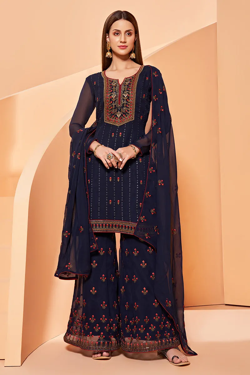 Navy Blue Designer Pakistani Style Sequins Sharara Suit