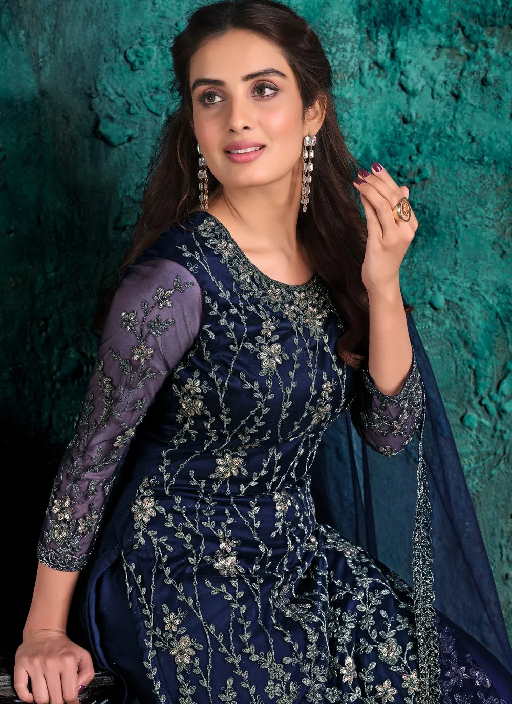 Navy Blue Net Designer Fancy Pakistani Style Suit