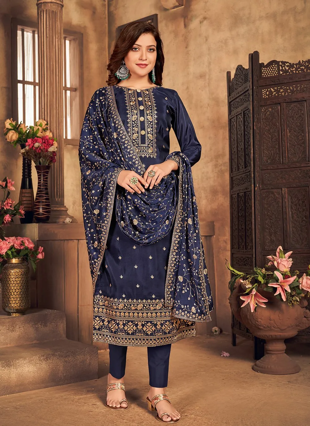 Navy Blue Viscose Embroidered Straight Pant Style Suit