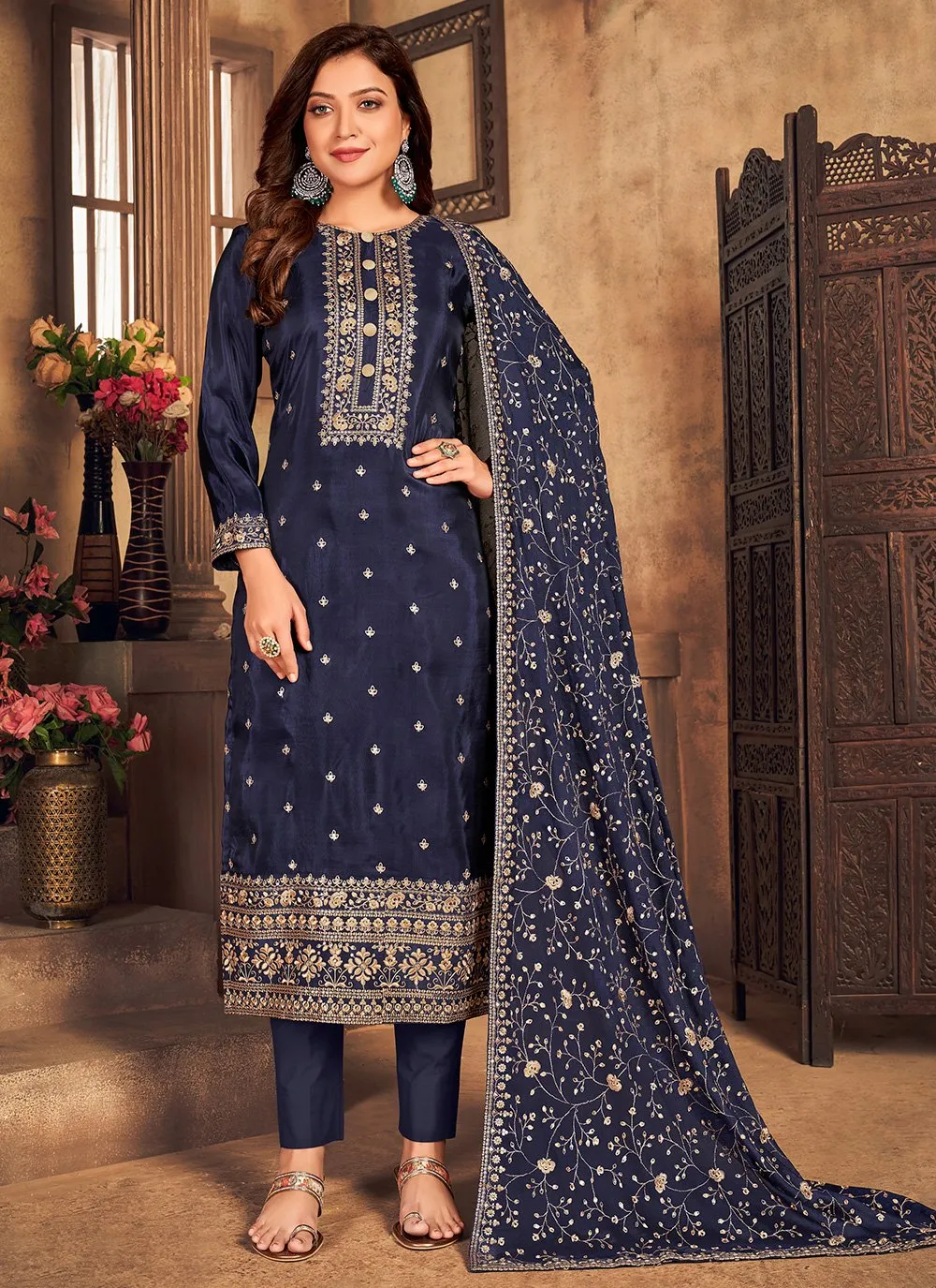 Navy Blue Viscose Embroidered Straight Pant Style Suit