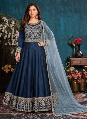 Navy Blue Wedding Art Silk Embroidered Anarkali Suit