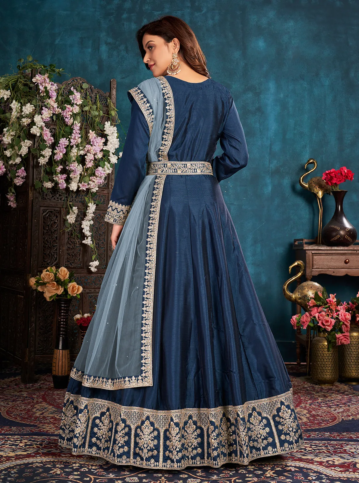 Navy Blue Wedding Art Silk Embroidered Anarkali Suit