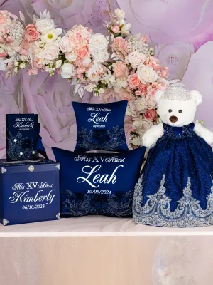 Navy Blue with silver Quinceanera package of Money Card Box, Bible, pillows set and Teddy Bear