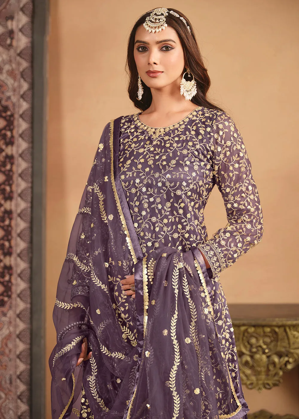 Net Dusty Purple Embroidered Festive Gharara Style Suit