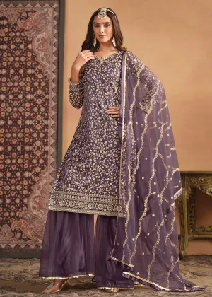 Net Dusty Purple Embroidered Festive Gharara Style Suit