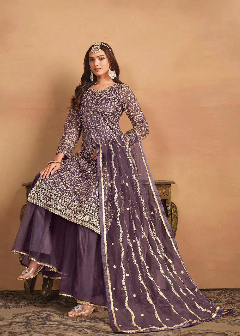 Net Dusty Purple Embroidered Festive Gharara Style Suit