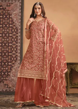 Net Rust Orange Embroidered Festive Gharara Style Suit