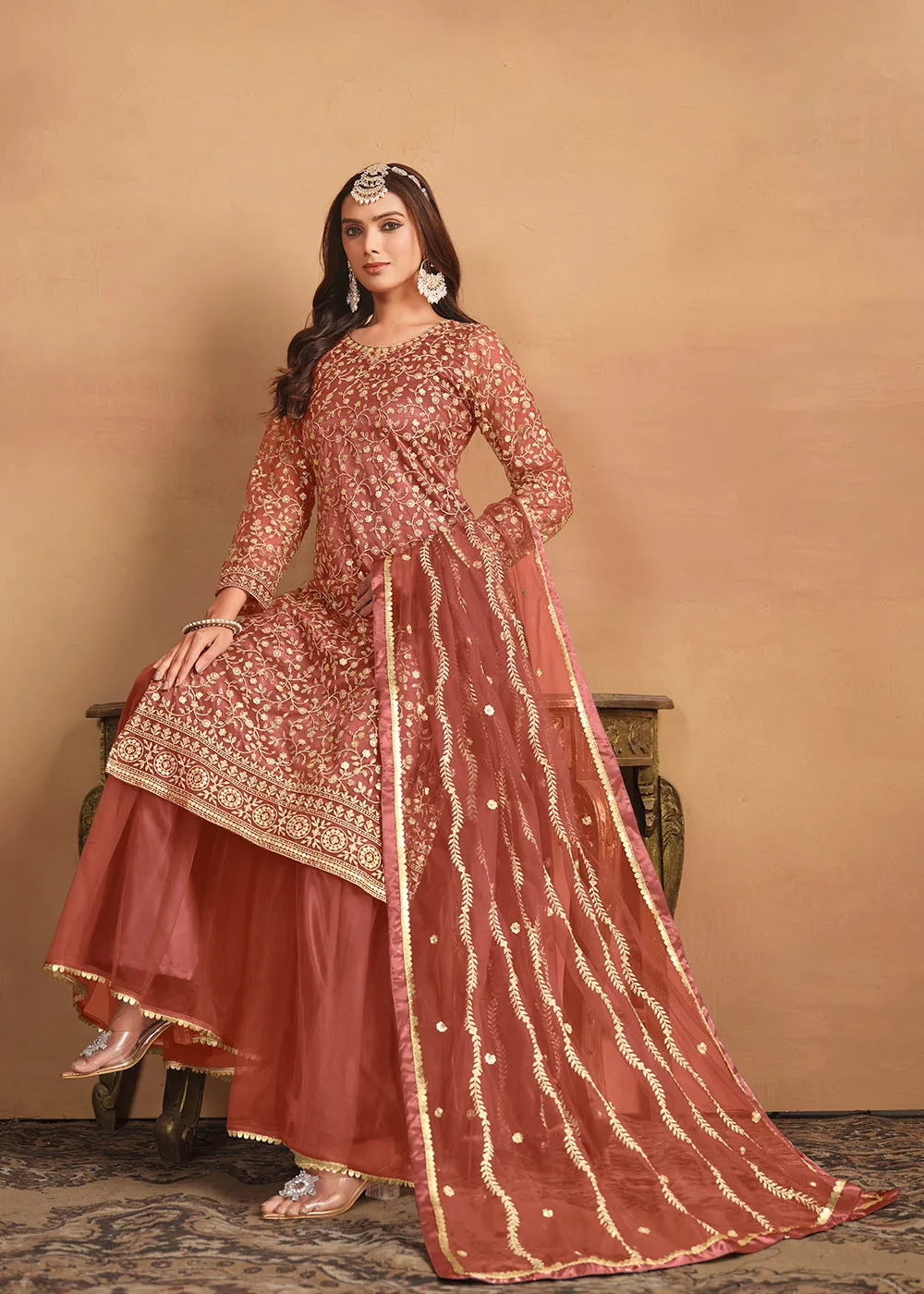 Net Rust Orange Embroidered Festive Gharara Style Suit