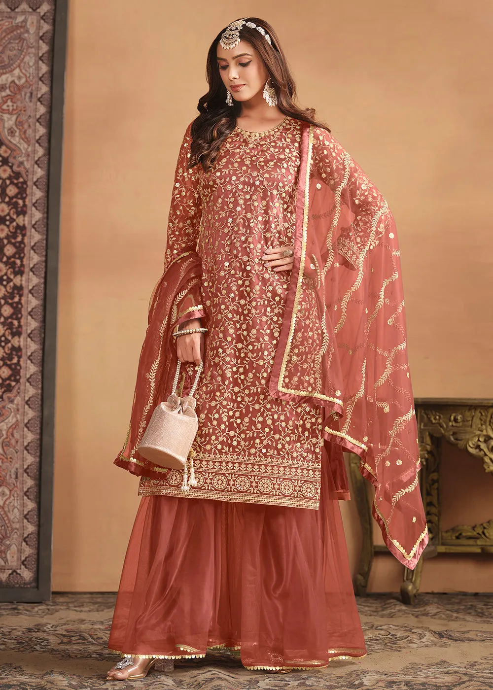 Net Rust Orange Embroidered Festive Gharara Style Suit